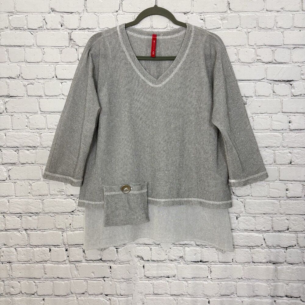 IC By Connie K Womens M Gray V-Neck Tunic Top 3/4 Sleeve Pocket Button Detail